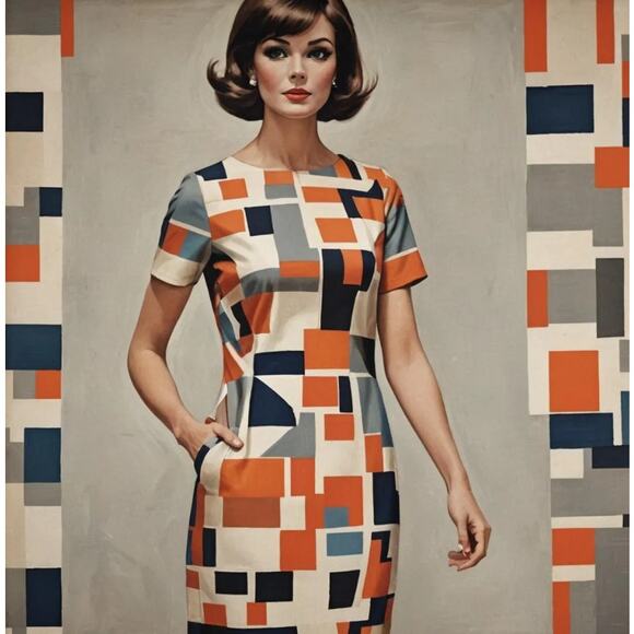 Numph S 36 Abstract Tencel Bodycon Midi Dress Colorblock Mod Artsy 60s Retro - Picture 2 of 13